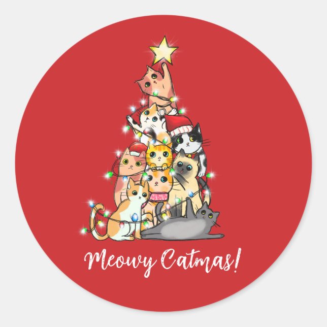 Sticker Rond Drôle Meowy Catmas Chats Sapin de Noël (Devant)