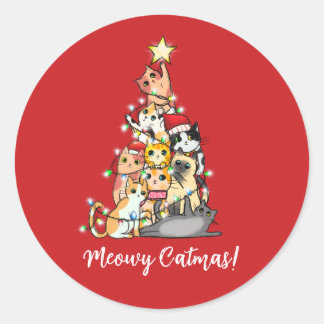 Sticker Rond Drôle Meowy Catmas Chats Sapin de Noël