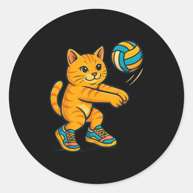 Sticker Rond Drôle mignon Chat Volleyball Joueur Fan Tee Traine (Devant)