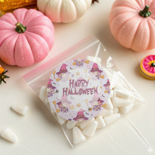 Sticker Rond Drôle mignon Halloween Motif avec sorcière Citroui