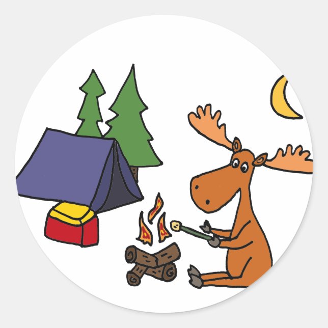 Sticker Rond Drôle Moose Camping Cartoon (Devant)