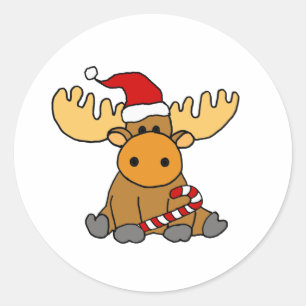Sticker Rond Drôle Moose dans le chapeau de Noël