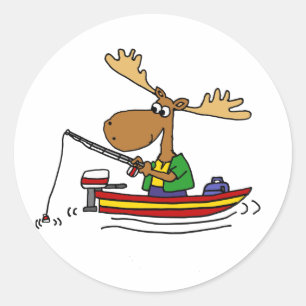 Sticker Rond Drôle Moose Fishing Cartoon