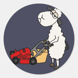 Sticker Rond Drôle Mouton Mowing Grass Dessin