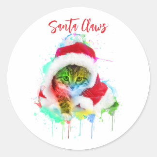Sticker Rond Drôle Noël Chat Père Noël Claws
