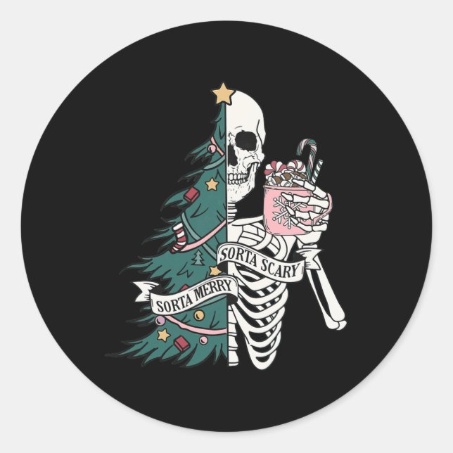 Sticker Rond Drôle Noël Sorta Merry Sorta Scary Skeleton X (Devant)