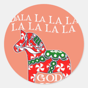 Sticker Rond Drôle Noël suédois Dieu Jul Dala Horse Dalahos