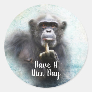 Sticker Rond Drôle Offensive Chimpanzé Moyen Doigt