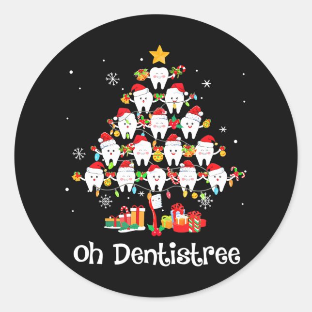 Sticker Rond Drôle Oh Dentistree Noël Arbre Dentiste Dentaire (Devant)