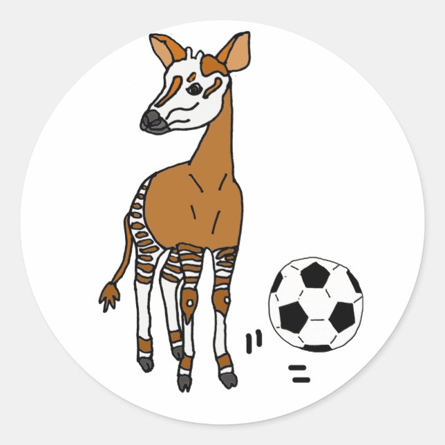 Sticker Rond Drôle Okapi Jouer au football Dessin (Devant)
