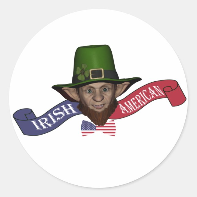 Sticker Rond Drôle patriotique irlandais-américain leprechaun (Devant)