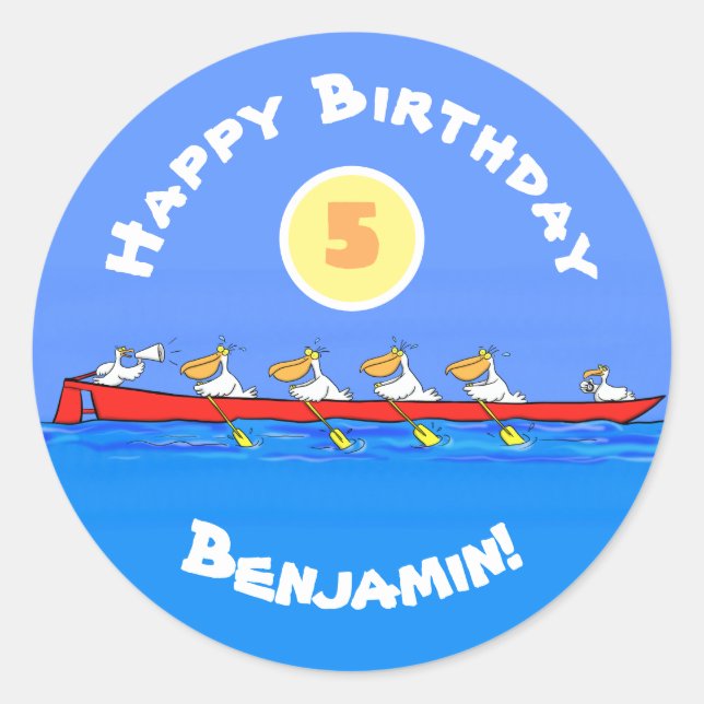 Sticker Rond Drôle pélicans rameurs dessin animé (Devant)