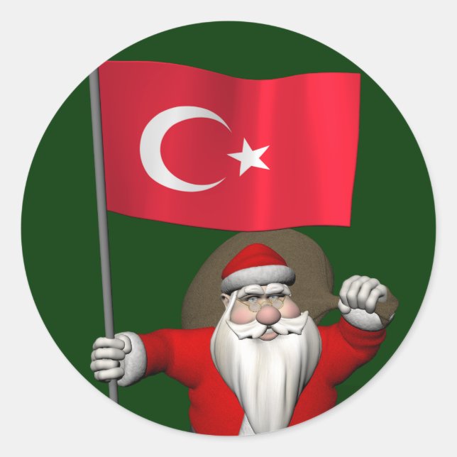 Sticker Rond Drôle Père Noël Avec Drapeau De Turquie (Devant)