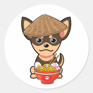 Sticker Rond Drôle petit chien mange des nouilles