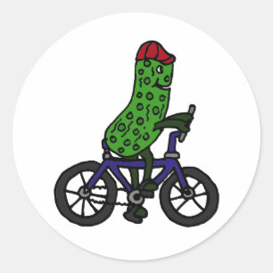 Sticker Rond Drôle Pickle Riding Bicycle Dessin