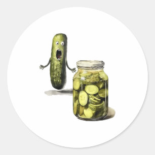 Sticker Rond Drôle Pickle Surprend Un Concombre Et Un Bocal De
