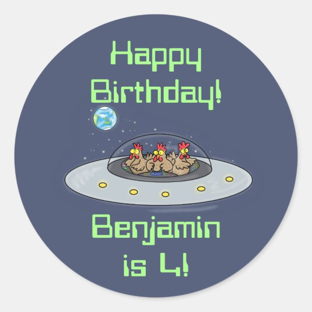 Sticker Rond Drôle poule dans la caricature de vaisseau spatial (Devant)