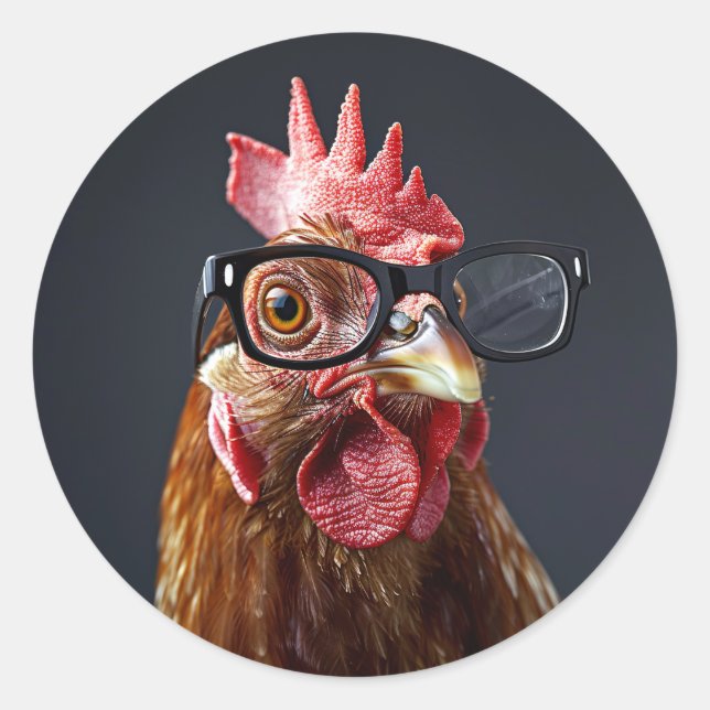 Sticker Rond Drôle poulet portant des lunettes (Devant)