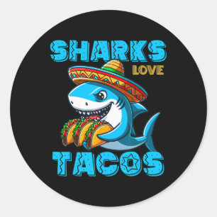 Sticker Rond Drôle Requin Mexicain Manger Tacos Nourriture Requ