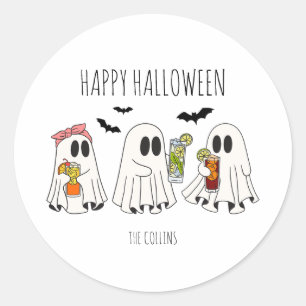 Sticker Rond Drôle Rétro Fantôme et Cocktails Joyeux Halloween