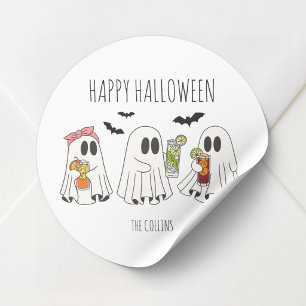 Sticker Rond Drôle Rétro Fantôme et Cocktails Joyeux Halloween