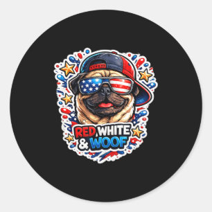 Sticker Rond Drôle rouge blanc et ouah ouah pug chien patriotiq
