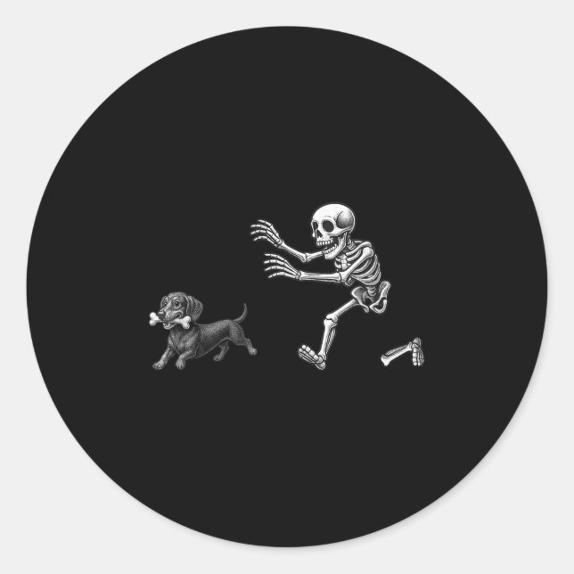 Sticker Rond Drôle Skeleton chasse Dachshund Chien Halloween Ch (Devant)