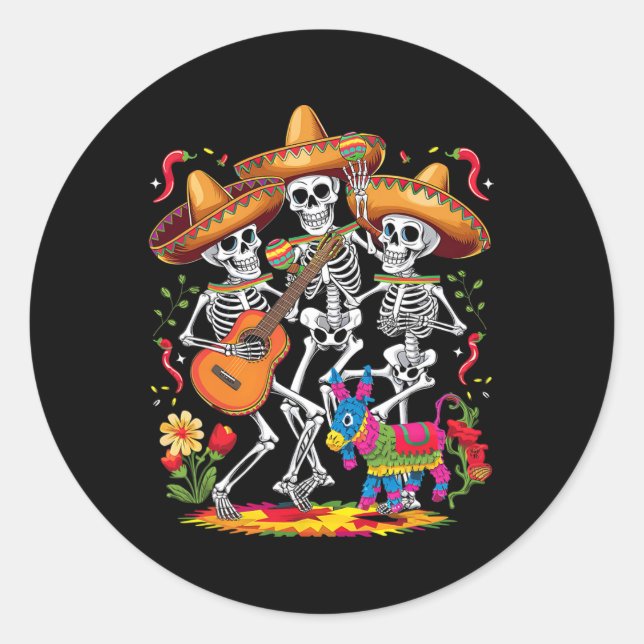 Sticker Rond Drôle Skeleton Cinco De Mayo Fiesta Festival Mexic (Devant)