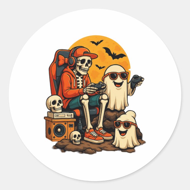 Sticker Rond Drôle Skeleton jeu vidéo Halloween jeu Gamer B (Devant)