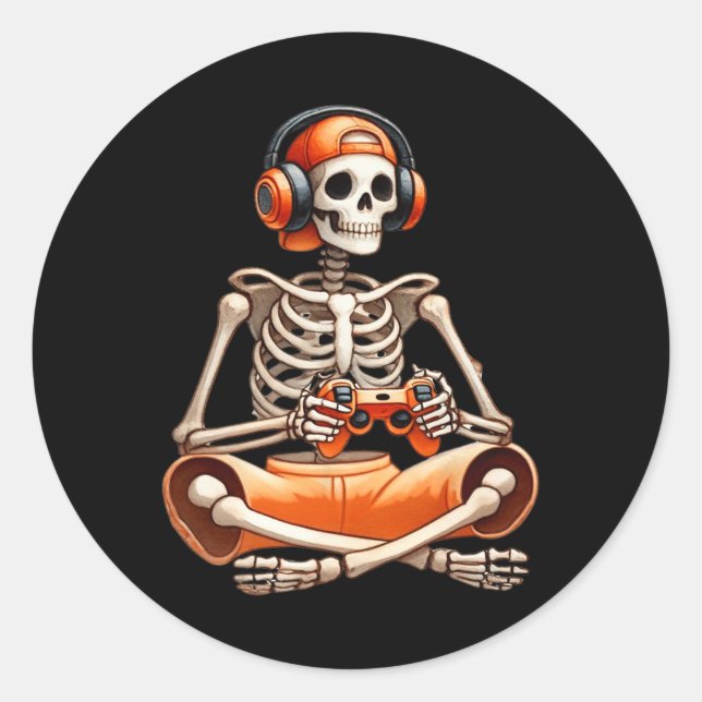 Sticker Rond Drôle Skeleton jeu vidéo Halloween jeu Gamer B (Devant)