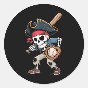 Sticker Rond Drôle Skeleton Pirate Baseball Halloween Costume B
