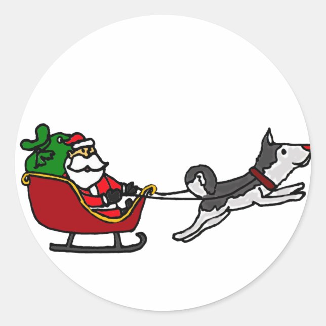 Sticker Rond Drôle Sleigh de Noël avec Husky Dog Pulling (Devant)