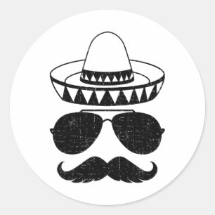 Sticker Rond Drôle Sombrero Face Avec Moustache Pour Cinc Mexic
