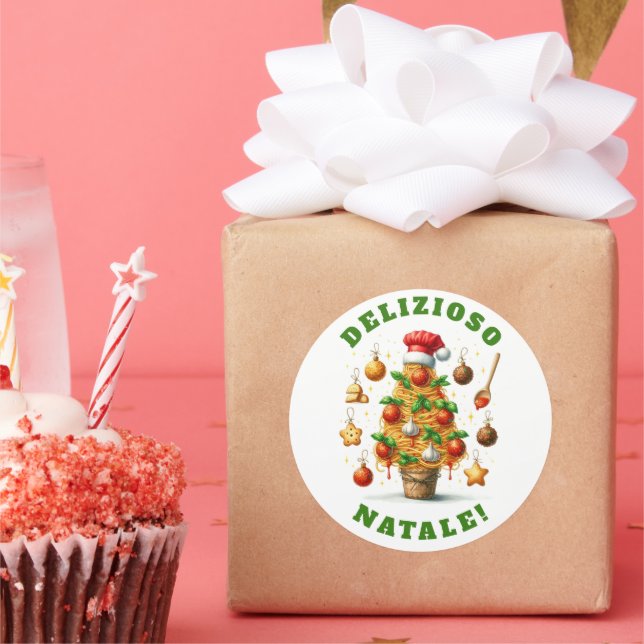 Sticker Rond Drôle Spaghetti Arbre de Noël Delizioso Natale! (Fête)