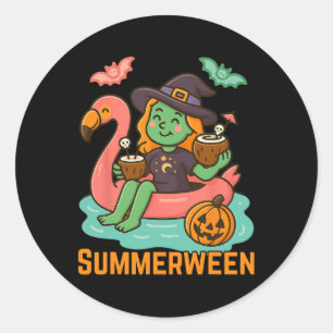 Sticker Rond Drôle Summerween jolie sorcière flottante dans le 