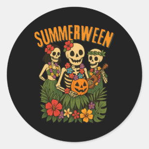 Sticker Rond Drôle Summerween Skeletons Luau Party Halloween Be
