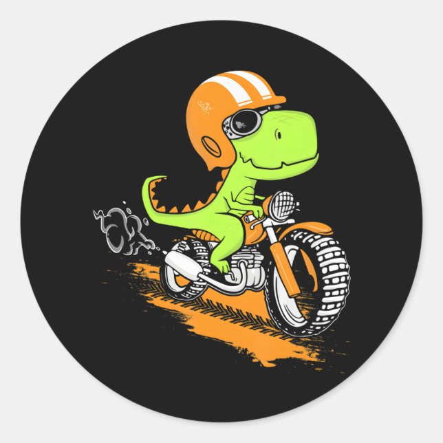 Sticker Rond Drôle T-Rex Dinosaur équitation Moto Dino Biker (Devant)