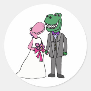 Sticker Rond Drôle T-rex Dinosaur marié et Mariage de chambre