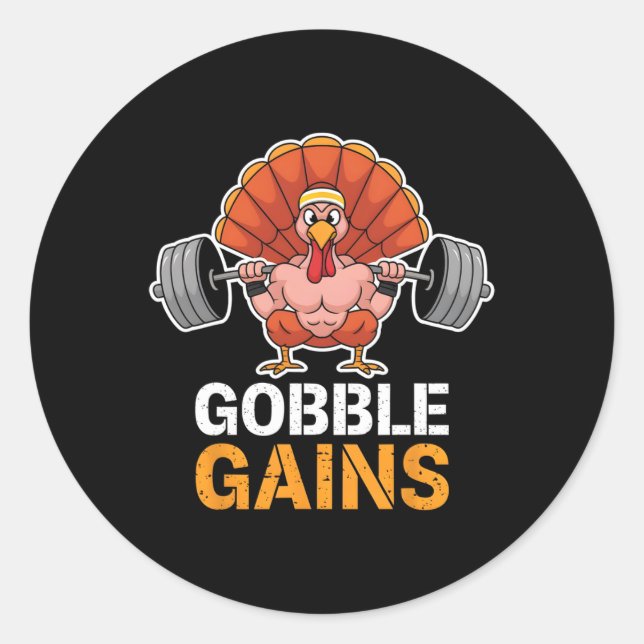 Sticker Rond Drôle Thanksgiving Turkey Gains Gym entraînement (Devant)