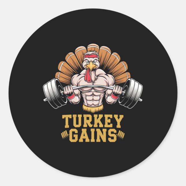 Sticker Rond Drôle Thanksgiving Turquie gagne Motivation Gym Wo (Devant)