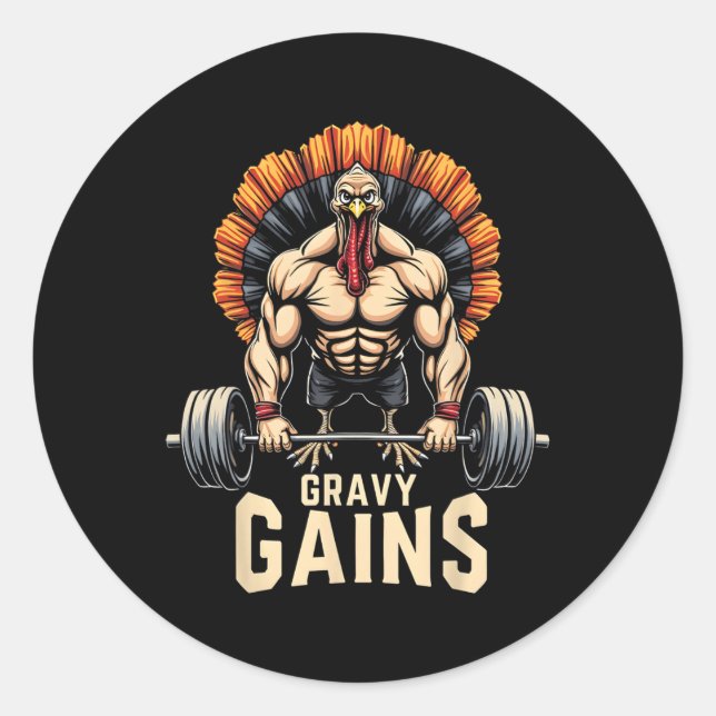 Sticker Rond Drôle Thanksgiving Turquie Gravy Gains Motivation  (Devant)