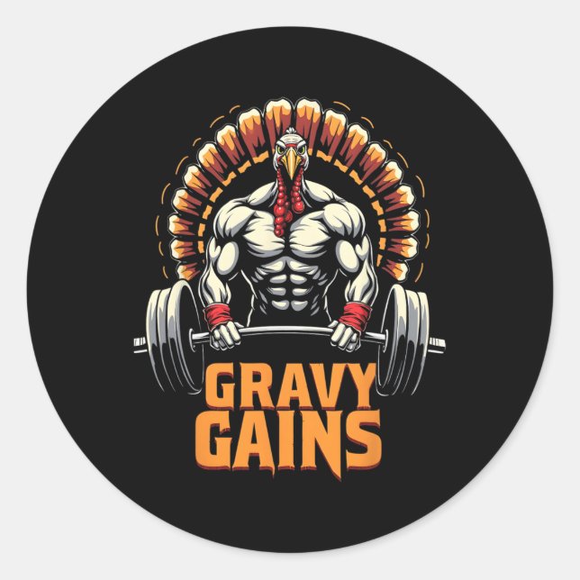 Sticker Rond Drôle Thanksgiving Turquie Gravy Gains Motivation  (Devant)