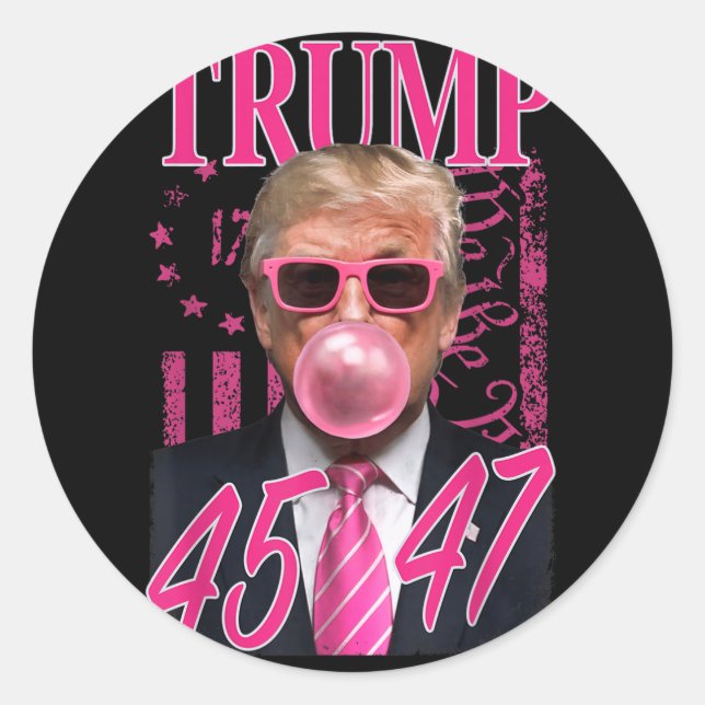 Sticker Rond Drôle Trump Bubble Gum 1776 Drapeau rose (Devant)