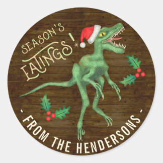 Sticker Rond Drôle Velociraptor de Noël Dinosaur Texte personna