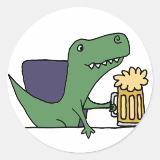Sticker Rond Drôle Vert T-Rex Dinosaure Boire Bière