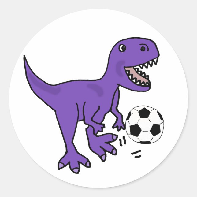 Sticker Rond Drôle violet T-rex Dinosaure Jouer au football (Devant)