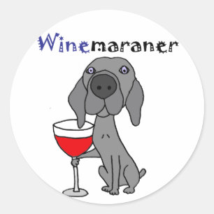 Sticker Rond Drôle Weimaraner Chien Boire du vin rouge