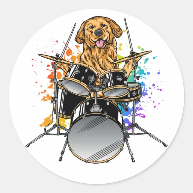Sticker Rond Drummer de chien Jouer des tambours (Devant)