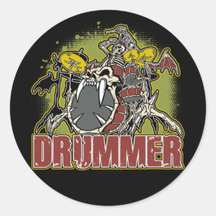 Sticker Rond Drummer Rock Skeleton