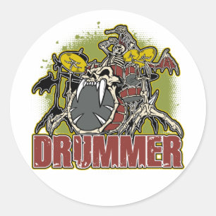 Sticker Rond Drummer Rock Skeleton